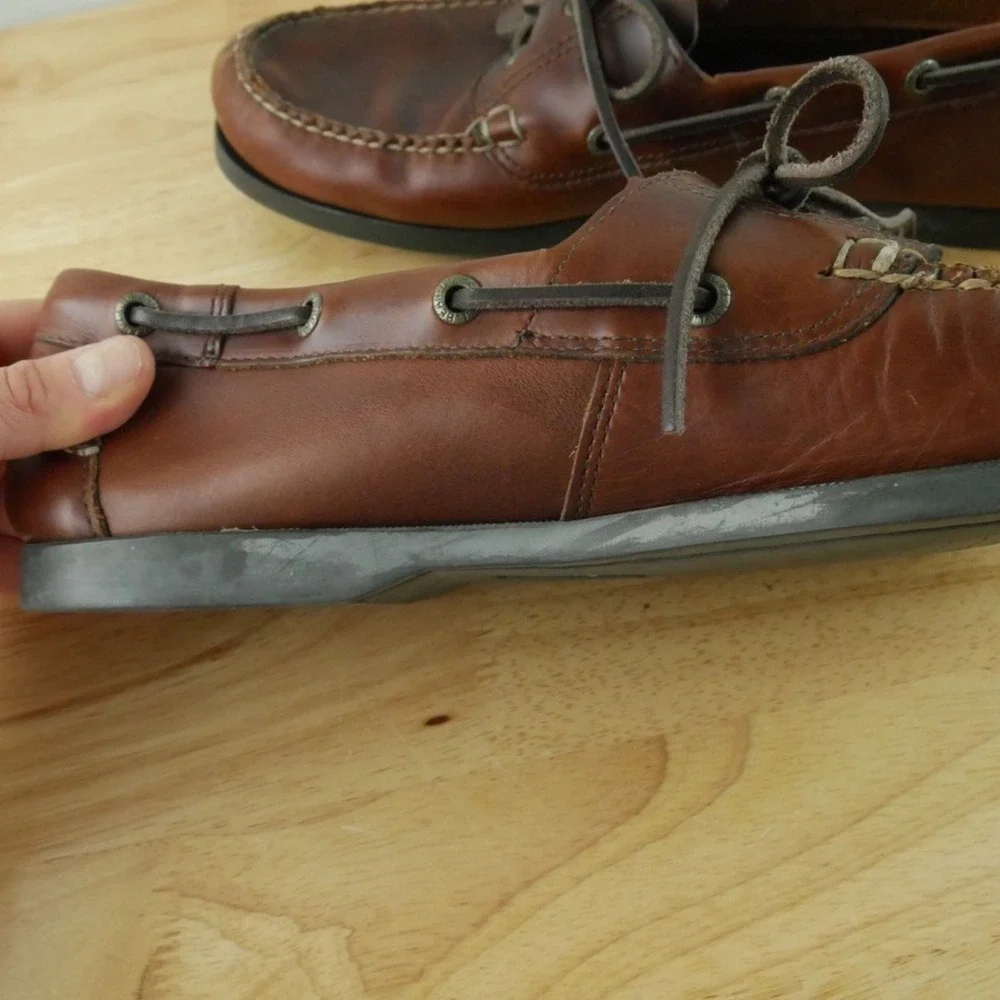 LL Bean Mens Brown Leather Boat Shoes Moc Toe Loafers Size 12 D Heritage Preppy